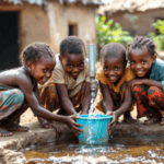 Poor children collecting drinking water from a tap. Behind them humble homes