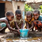 Poor children collecting drinking water from a tap. Behind them humble homes