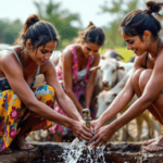 Poor latin women collecting drinking water from a faucet. Behind farm animals